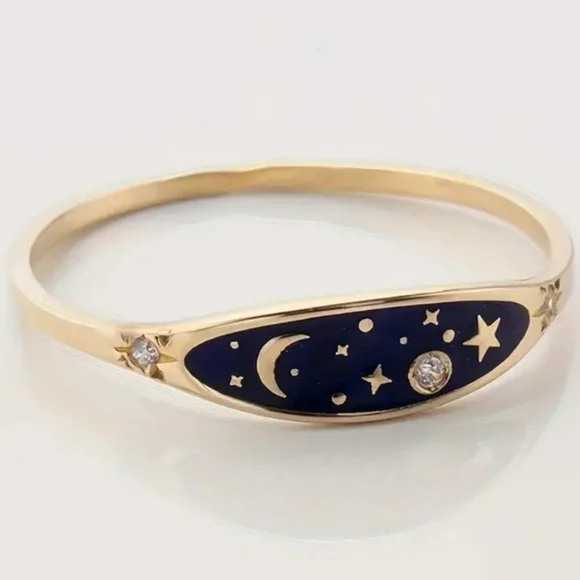 Golden Plated Copper Ring with Enamel Sky Design Moon and Stars Size 7 - Picture 3 of 3